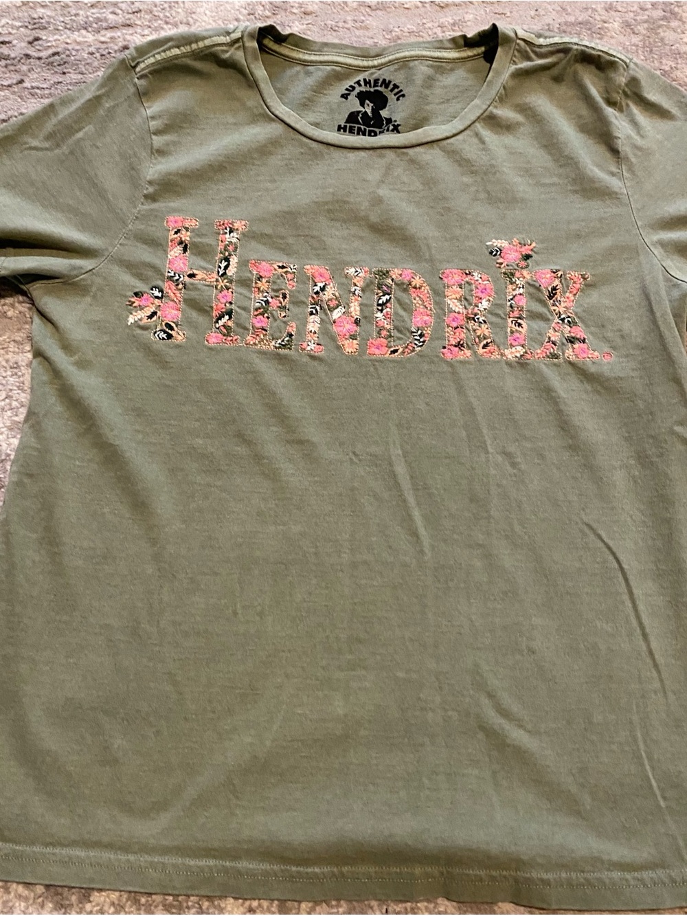 Lucky Brand Olive Green Tee with Floral Embroidered Hendrix